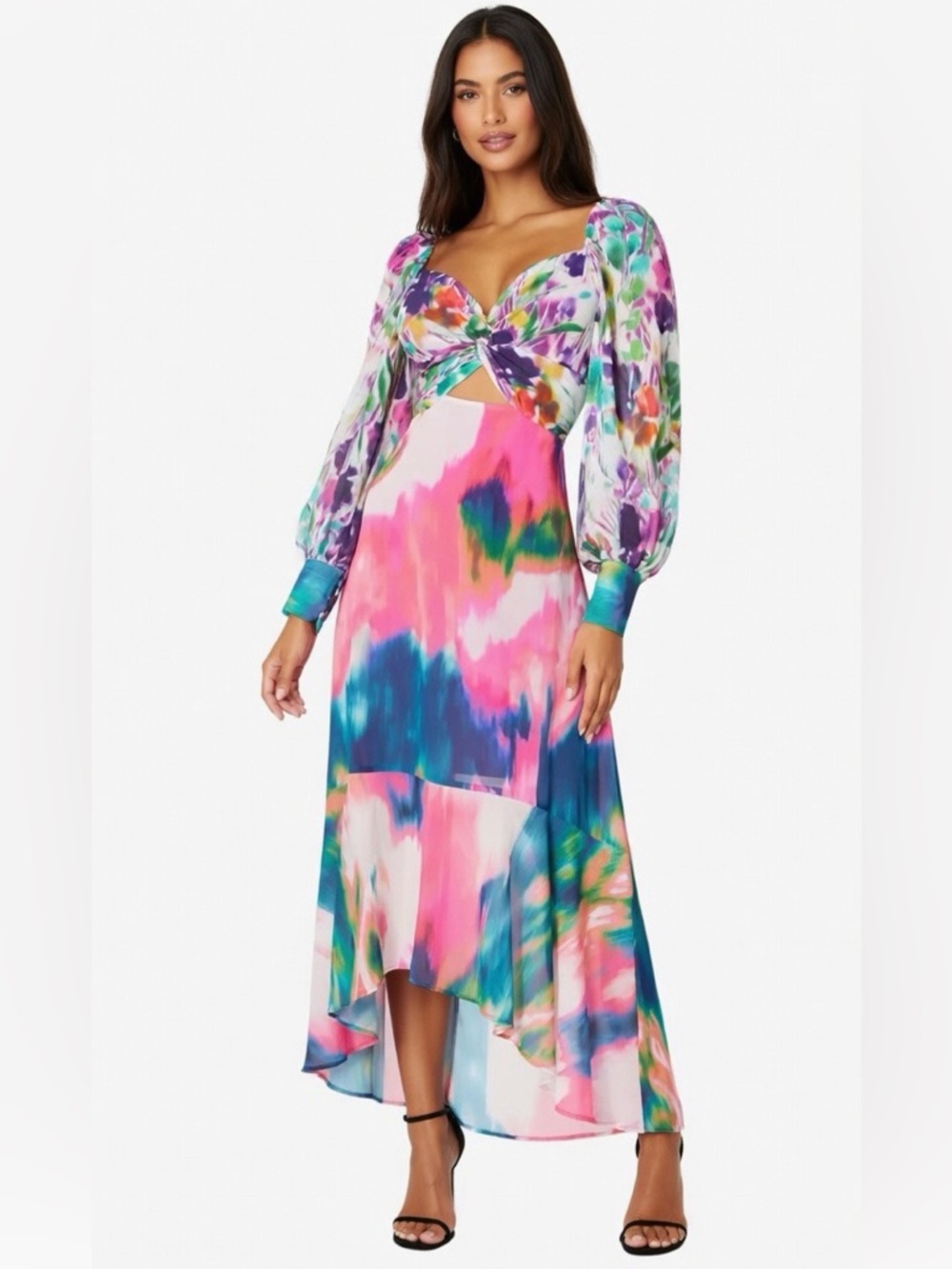 One33 Social Colorful Cutout Floral Chiffon Maxi Dress Puff Sleeves Size 8